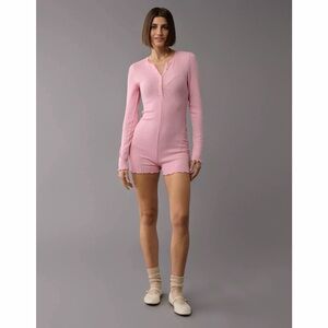 American Eagle AE Lounge Long-Sleeve Lettuce Edge Henley Romper - Bubblegum Pink